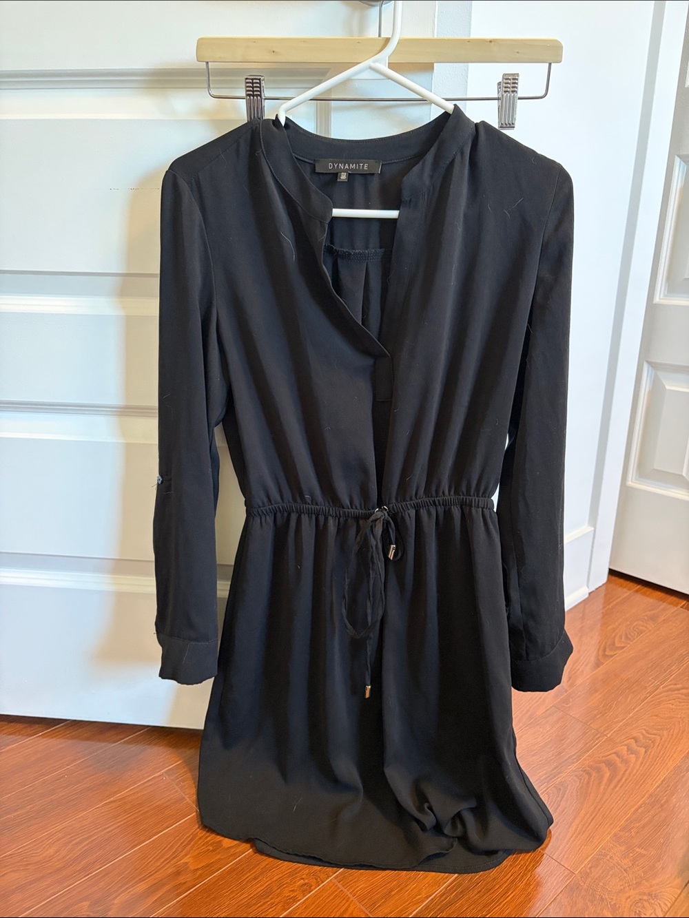 Dynamite Black Long Sleeve Drawstring Waist Mini Dress